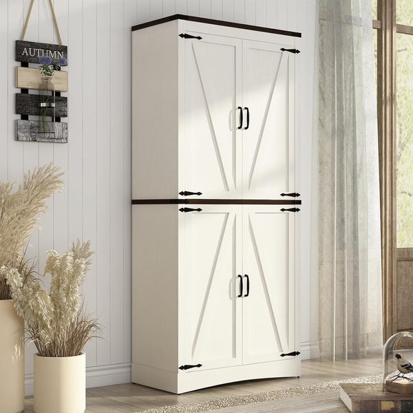 71" Tall Farmhouse Kitchen Pantry Cabinet, 5 Layers Storage Cabinet with Adjustable Shelves, Farmhouse Pantry Cabinet with 4 Barn Doors for Kitchen, Dining Room, Bathroom, Living Room, Rustic White